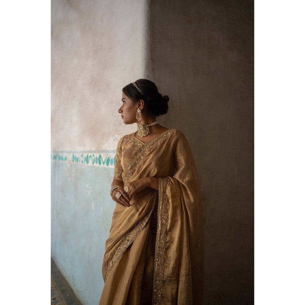 Sheela Suthar Gold Tissue Saree with Stitched Blouse