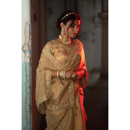 Sheela Suthar Gold Tissue Saree with Stitched Blouse