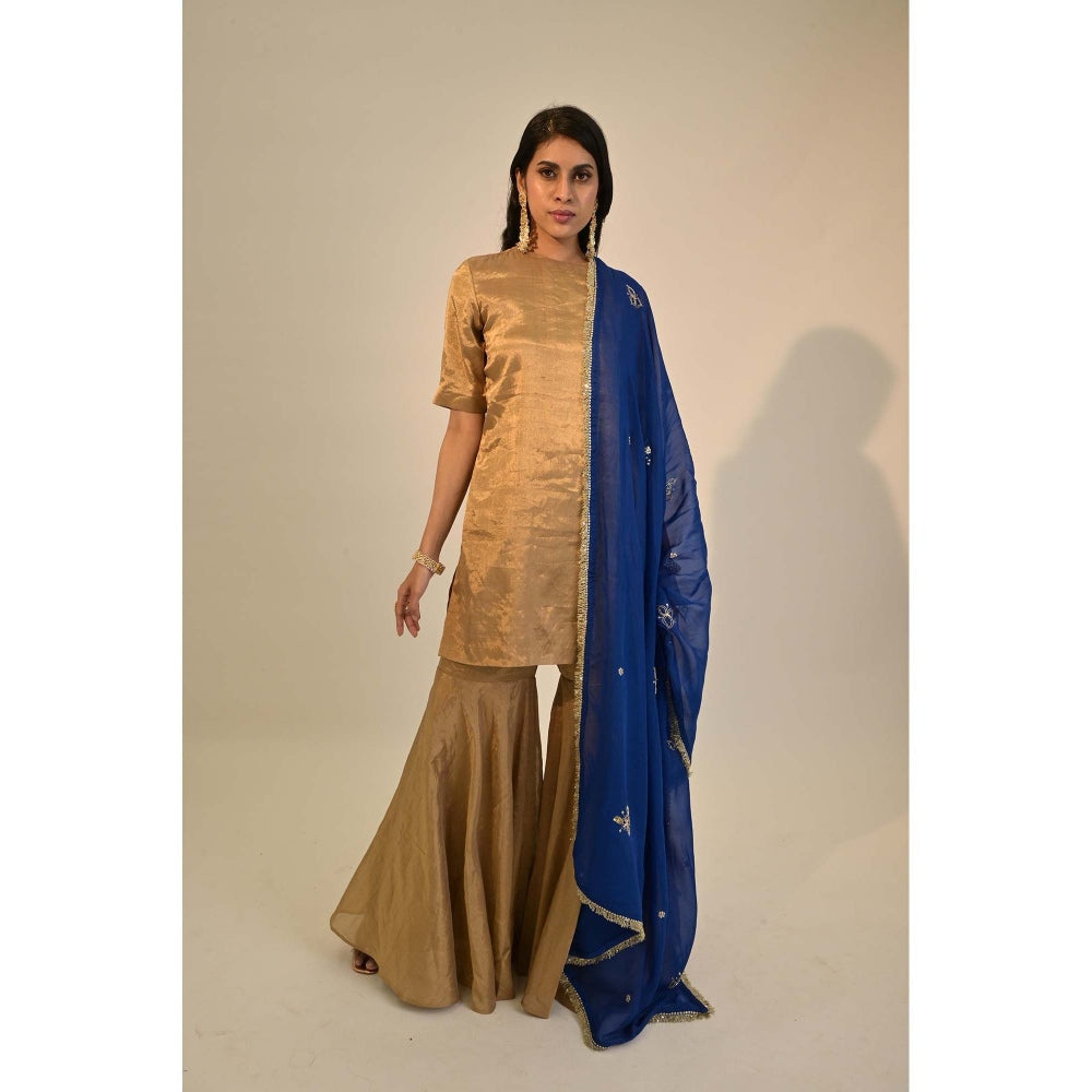 Sheela Suthar Signature Zari Tissue Gold Kurti with Sharara and Dupatta. (Set of 3)