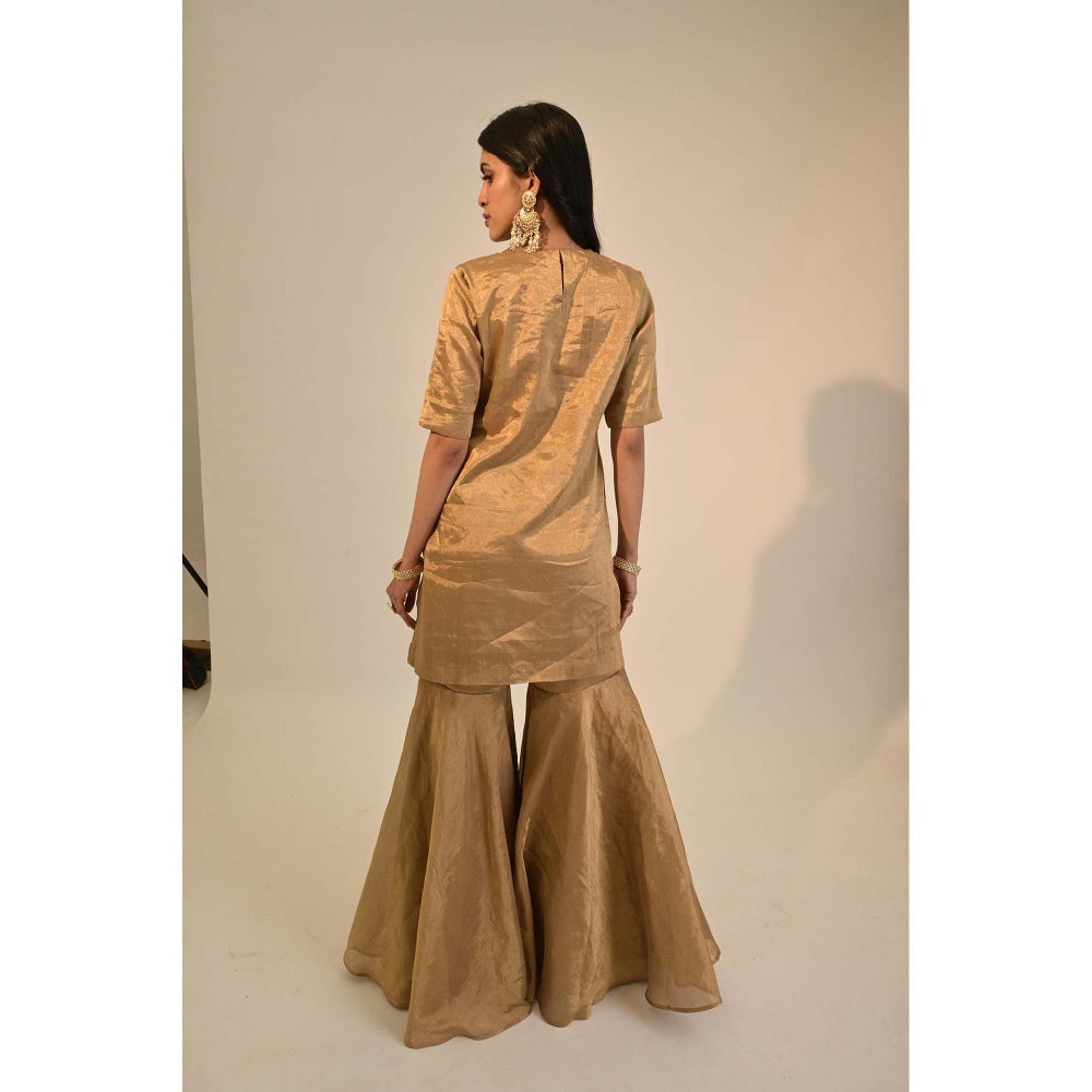 Sheela Suthar Signature Zari Tissue Gold Kurti with Sharara and Dupatta. (Set of 3)