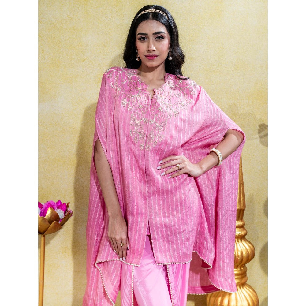 Sheela Suthar Soft Pink Asymmetric Embroidered Cape Top with Slip and Dhoti (Set of 3)