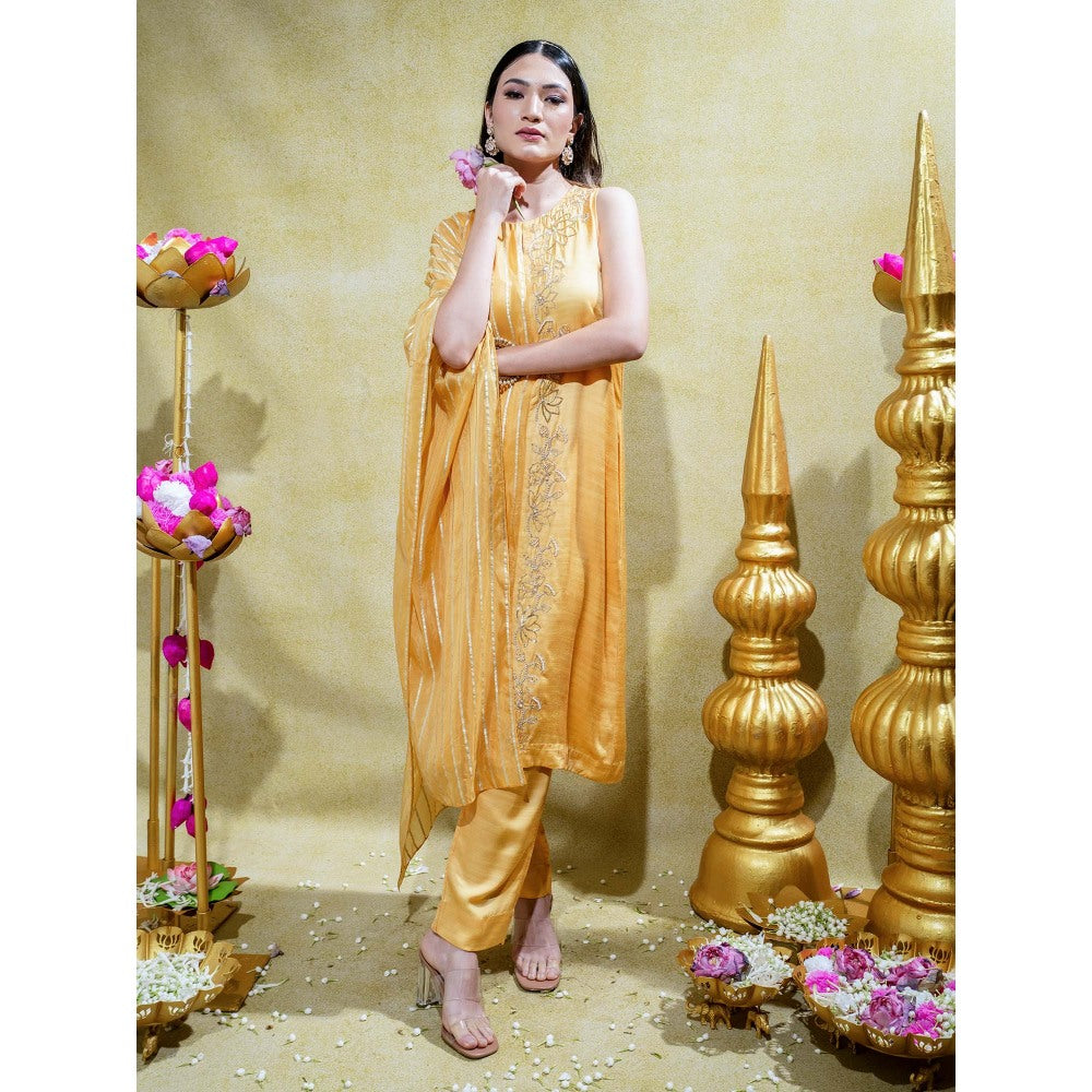 Sheela Suthar Muted Mustard Asymmetric Embroidered Kurta and Pant (Set of 2)
