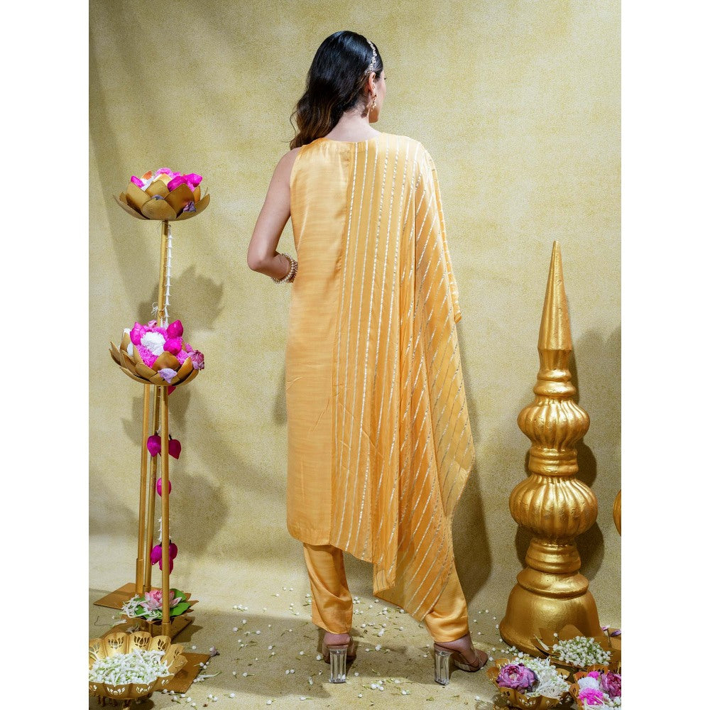 Sheela Suthar Muted Mustard Asymmetric Embroidered Kurta and Pant (Set of 2)