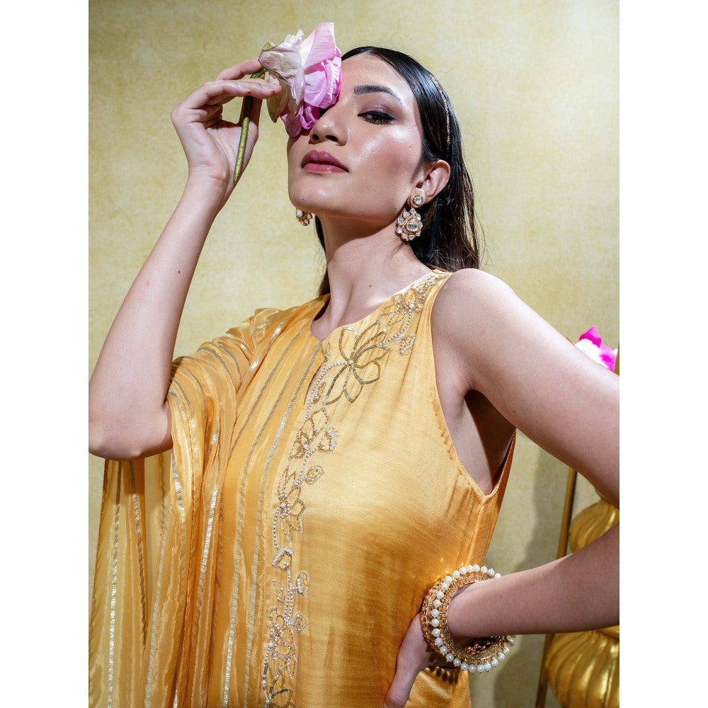 Sheela Suthar Muted Mustard Asymmetric Embroidered Kurta and Pant (Set of 2)