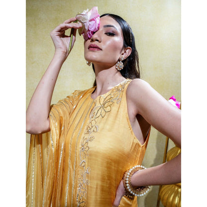 Sheela Suthar Muted Mustard Asymmetric Embroidered Kurta and Pant (Set of 2)