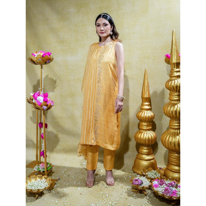 Sheela Suthar Muted Mustard Asymmetric Embroidered Kurta and Pant (Set of 2)