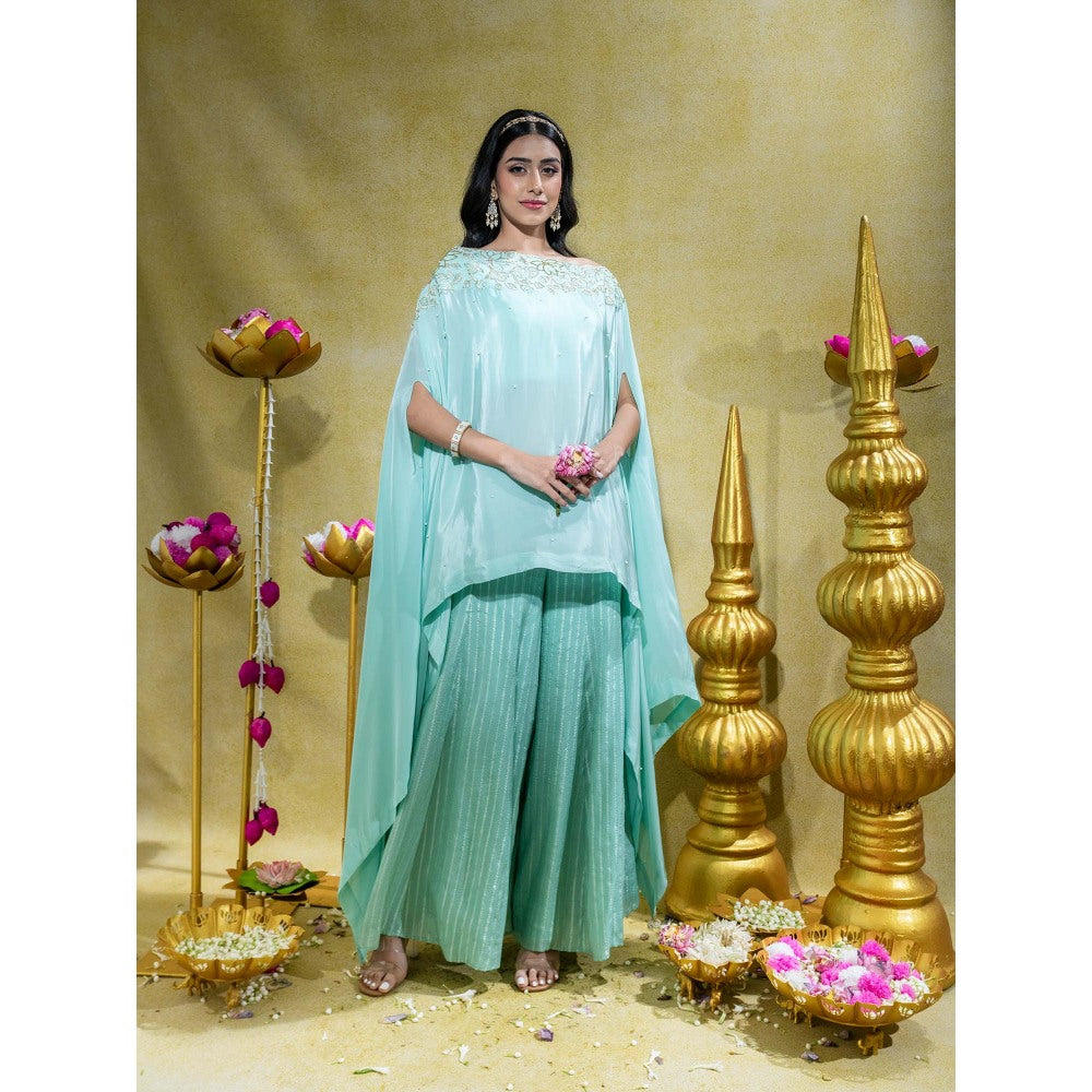 Sheela Suthar Aqua Asymmetric Embroidered Cape Top with Bralette and Palazzo (Set of 3)