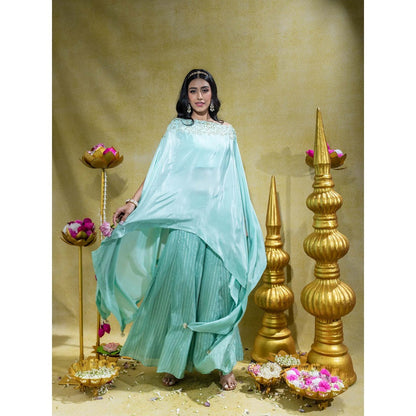 Sheela Suthar Aqua Asymmetric Embroidered Cape Top with Bralette and Palazzo (Set of 3)