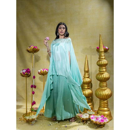 Sheela Suthar Aqua Asymmetric Embroidered Cape Top with Bralette and Palazzo (Set of 3)