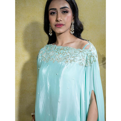 Sheela Suthar Aqua Asymmetric Embroidered Cape Top with Bralette and Palazzo (Set of 3)