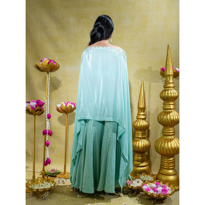 Sheela Suthar Aqua Asymmetric Embroidered Cape Top with Bralette and Palazzo (Set of 3)