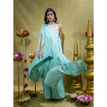 Sheela Suthar Aqua Asymmetric Embroidered Cape Top with Bralette and Palazzo (Set of 3)
