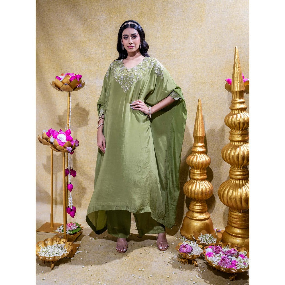 Sheela Suthar Olive Asymmetric Embroidered Kaftan and Pant (Set of 2)