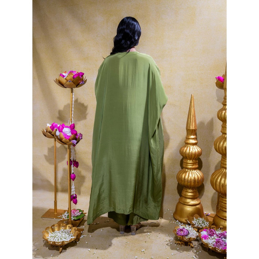 Sheela Suthar Olive Asymmetric Embroidered Kaftan and Pant (Set of 2)