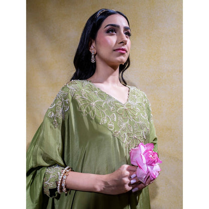 Sheela Suthar Olive Asymmetric Embroidered Kaftan and Pant (Set of 2)