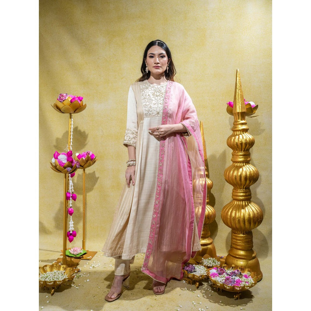 Sheela Suthar Ivory Embroidered Anarkali with Pant and Dupatta (Set of 3)