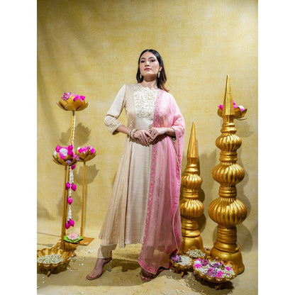 Sheela Suthar Ivory Embroidered Anarkali with Pant and Dupatta (Set of 3)