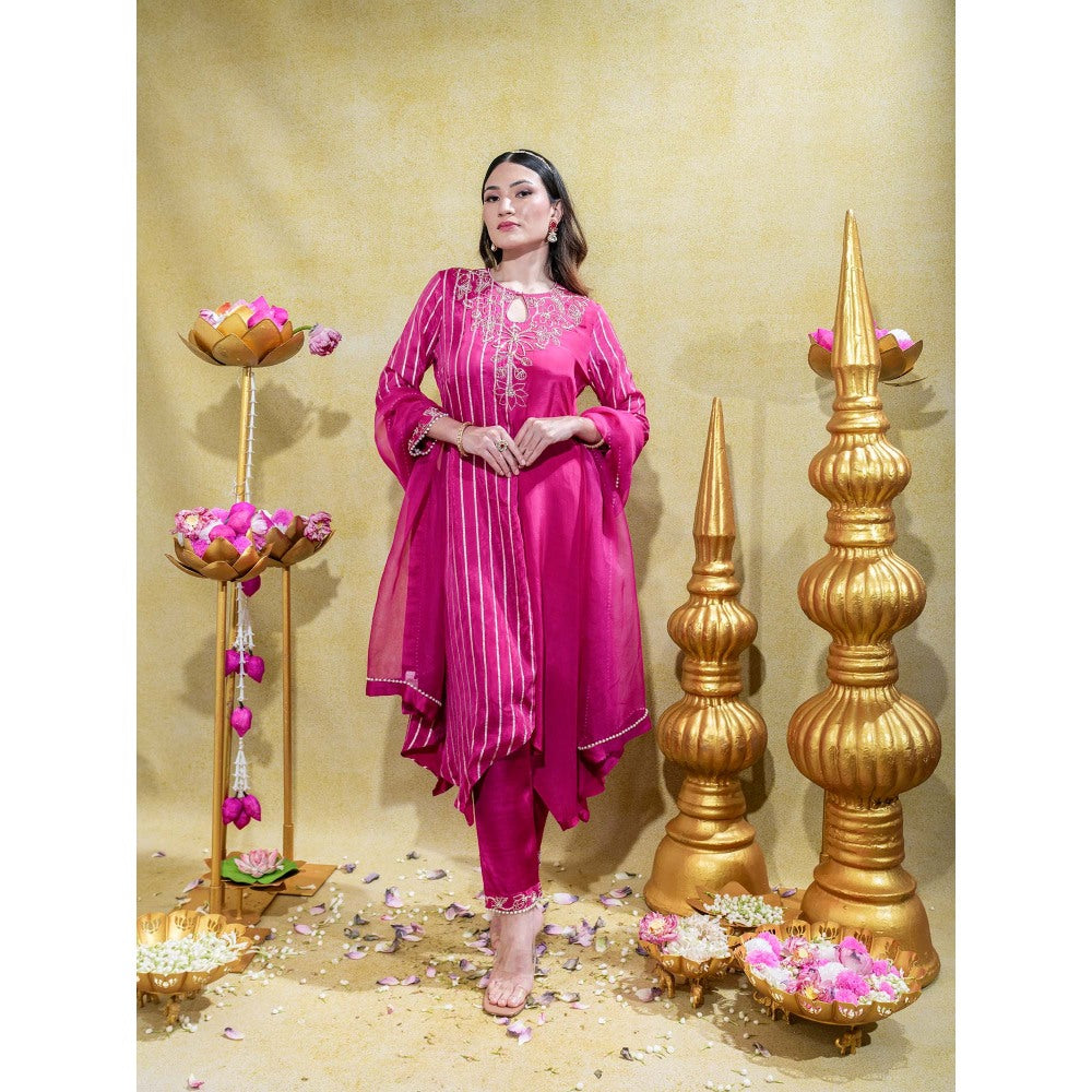 Sheela Suthar Deep Pink Embroidered Asym Kurta with Pant and Dupatta (Set of 3)