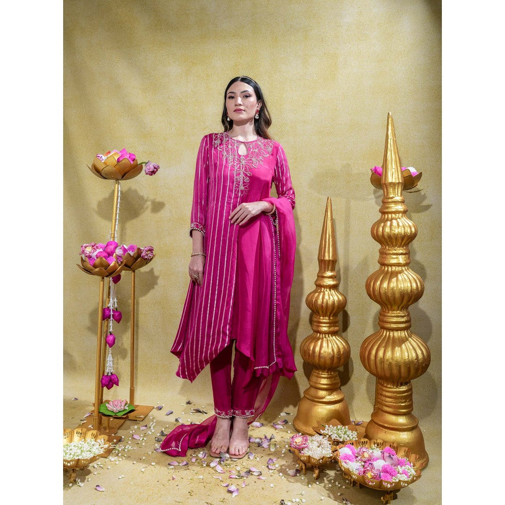 Sheela Suthar Deep Pink Embroidered Asym Kurta with Pant and Dupatta (Set of 3)