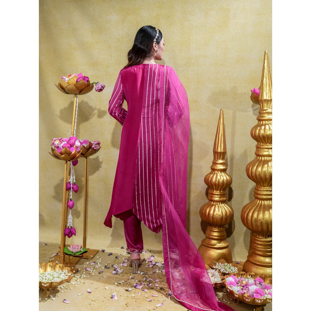 Sheela Suthar Deep Pink Embroidered Asym Kurta with Pant and Dupatta (Set of 3)