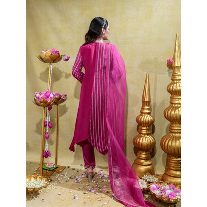 Sheela Suthar Deep Pink Embroidered Asym Kurta with Pant and Dupatta (Set of 3)
