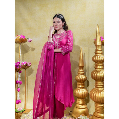 Sheela Suthar Deep Pink Embroidered Asym Kurta with Pant and Dupatta (Set of 3)