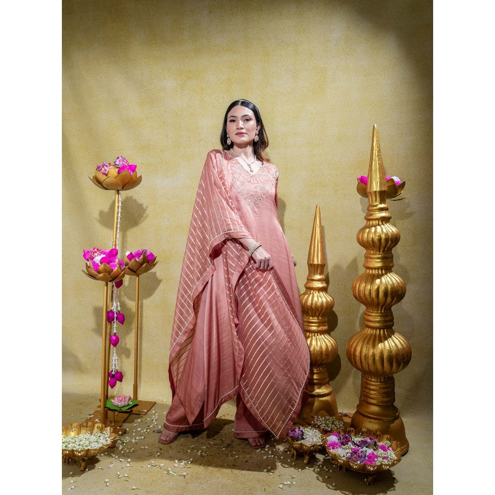 Sheela Suthar Dusty Peach Embroidered Asym Kurta with Pant and Dupatta (Set of 3)