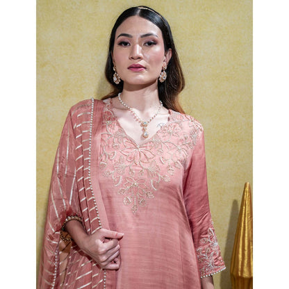 Sheela Suthar Dusty Peach Embroidered Asym Kurta with Pant and Dupatta (Set of 3)