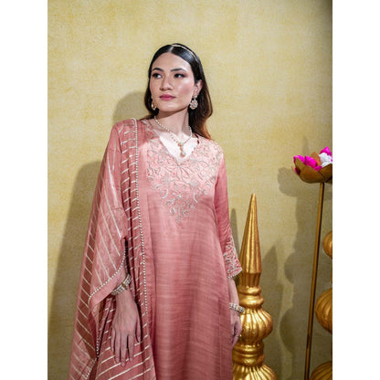 Sheela Suthar Dusty Peach Embroidered Asym Kurta with Pant and Dupatta (Set of 3)