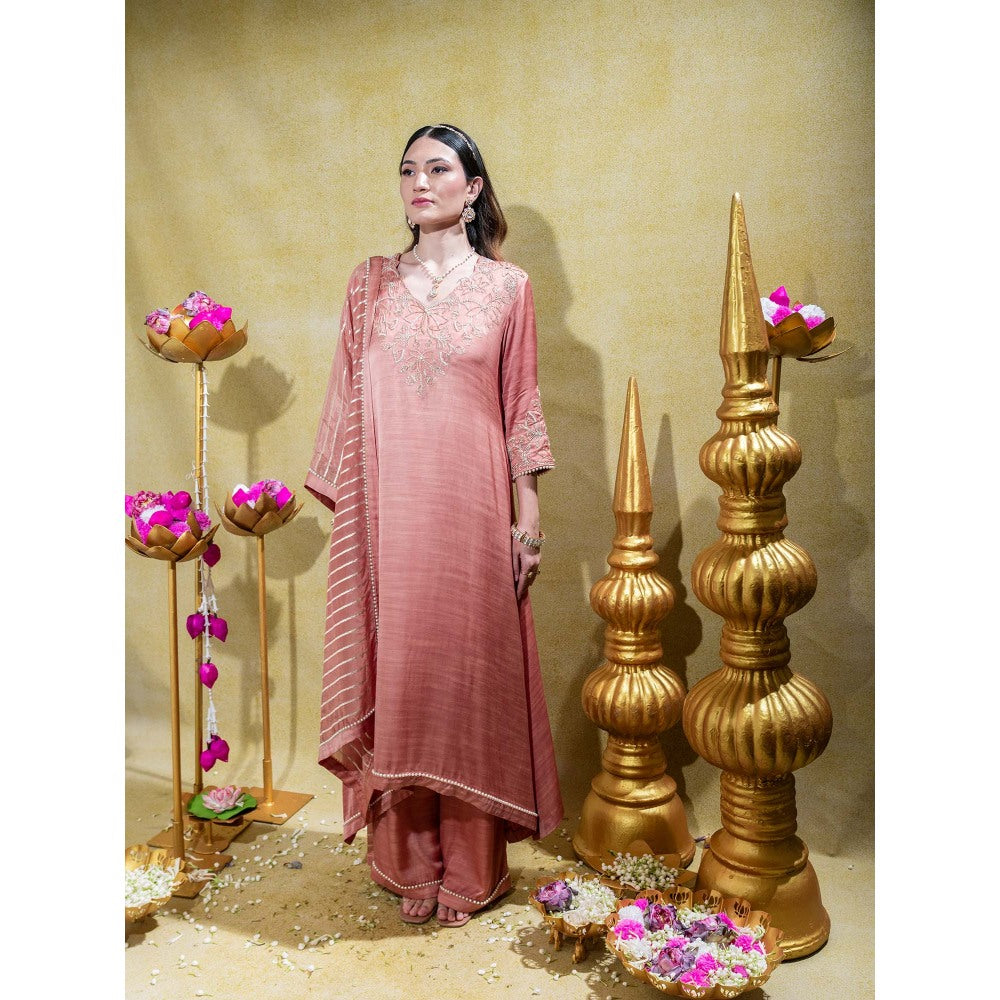 Sheela Suthar Dusty Peach Embroidered Asym Kurta with Pant and Dupatta (Set of 3)