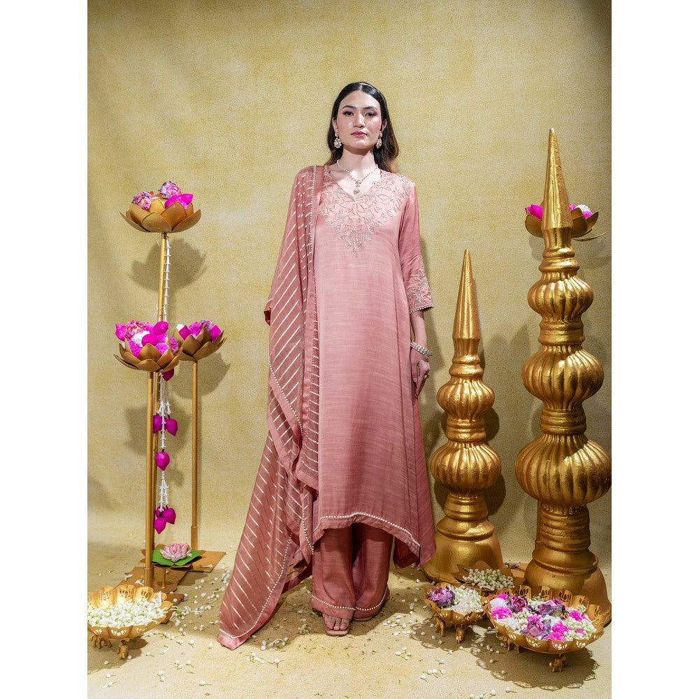 Sheela Suthar Dusty Peach Embroidered Asym Kurta with Pant and Dupatta (Set of 3)