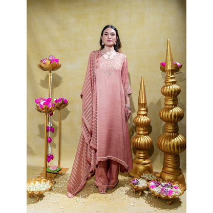 Sheela Suthar Dusty Peach Embroidered Asym Kurta with Pant and Dupatta (Set of 3)