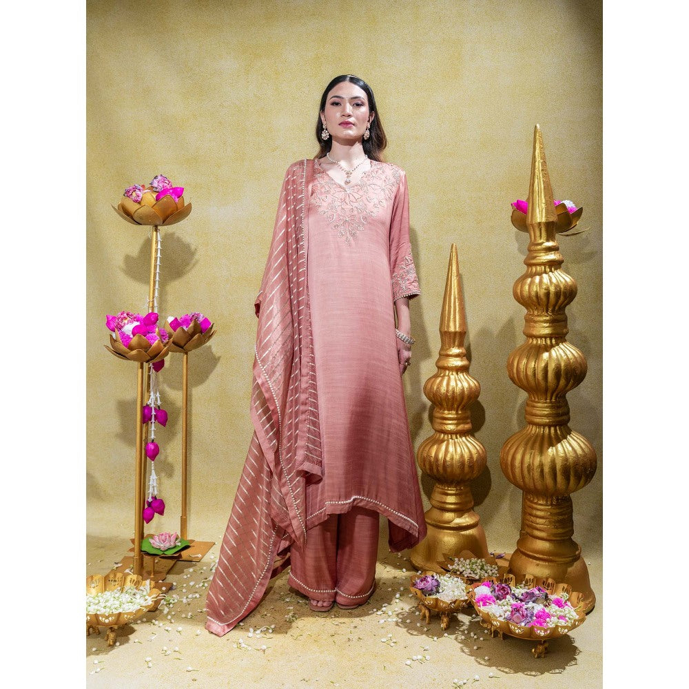Sheela Suthar Dusty Peach Embroidered Asym Kurta with Pant and Dupatta (Set of 3)