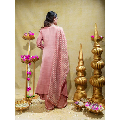Sheela Suthar Dusty Peach Embroidered Asym Kurta with Pant and Dupatta (Set of 3)