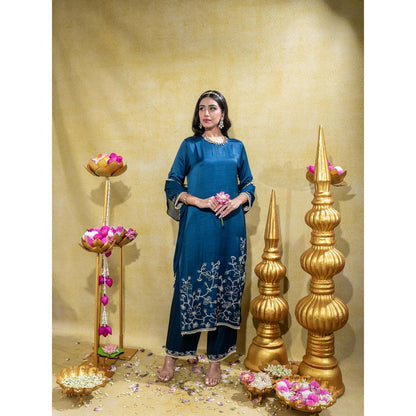 Sheela Suthar Midnight Blue Embroidered Straight Kurta with Pant and Dupatta (Set of 3)