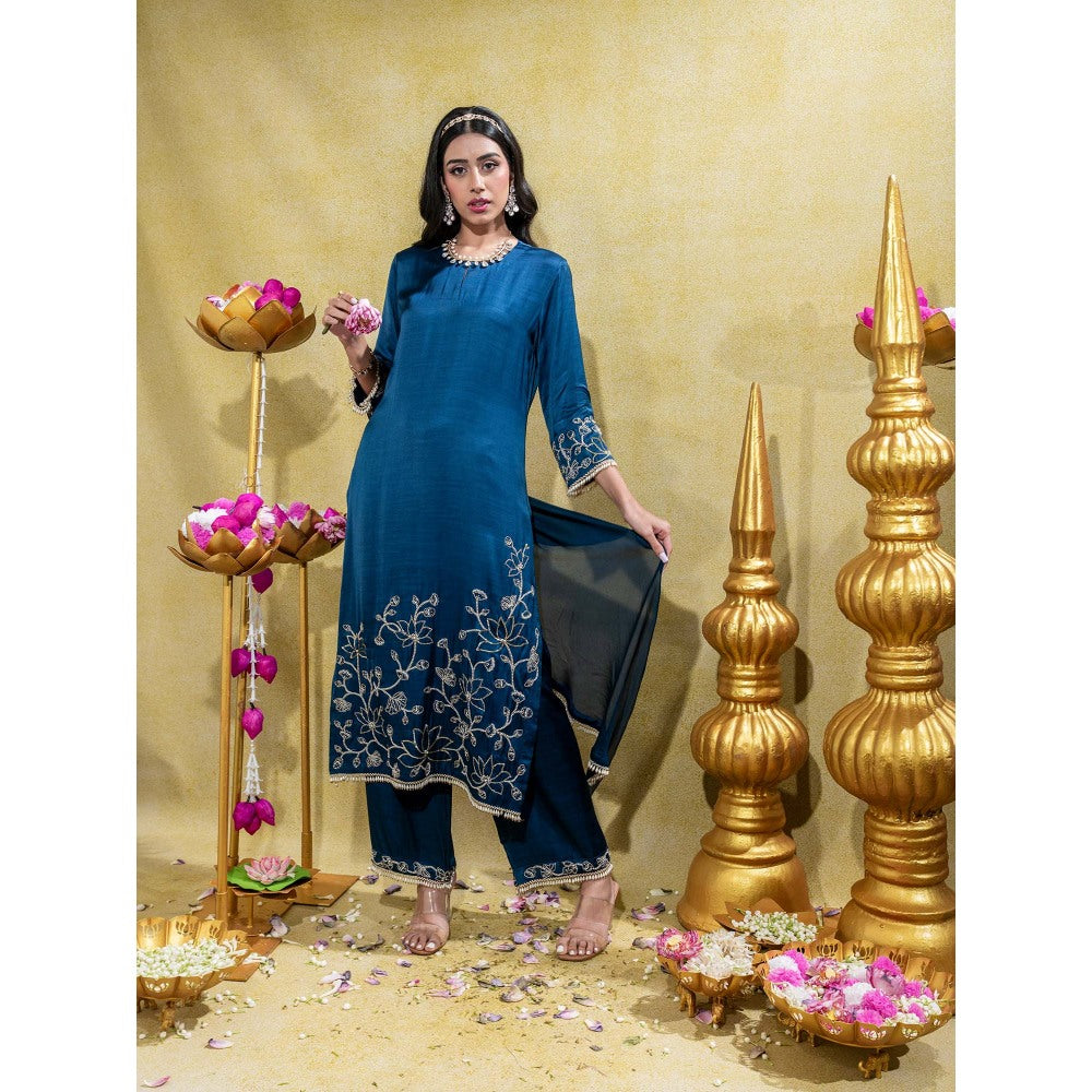 Sheela Suthar Midnight Blue Embroidered Straight Kurta with Pant and Dupatta (Set of 3)