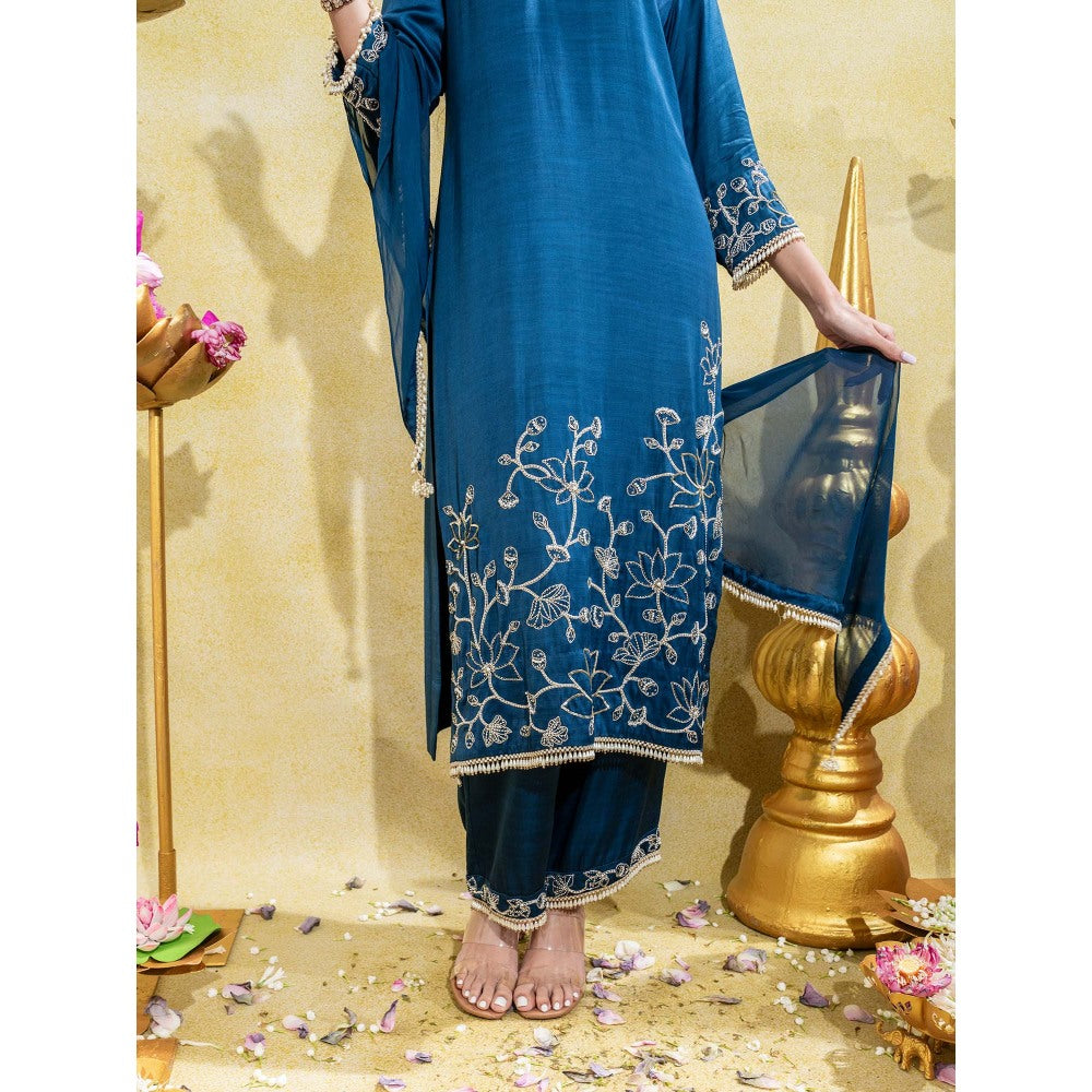 Sheela Suthar Midnight Blue Embroidered Straight Kurta with Pant and Dupatta (Set of 3)