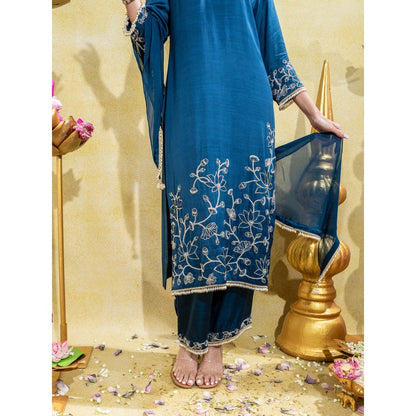 Sheela Suthar Midnight Blue Embroidered Straight Kurta with Pant and Dupatta (Set of 3)