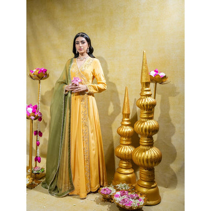 Sheela Suthar Yellow Crepe Embroidered Angarkha with Dupatta (Set of 2)