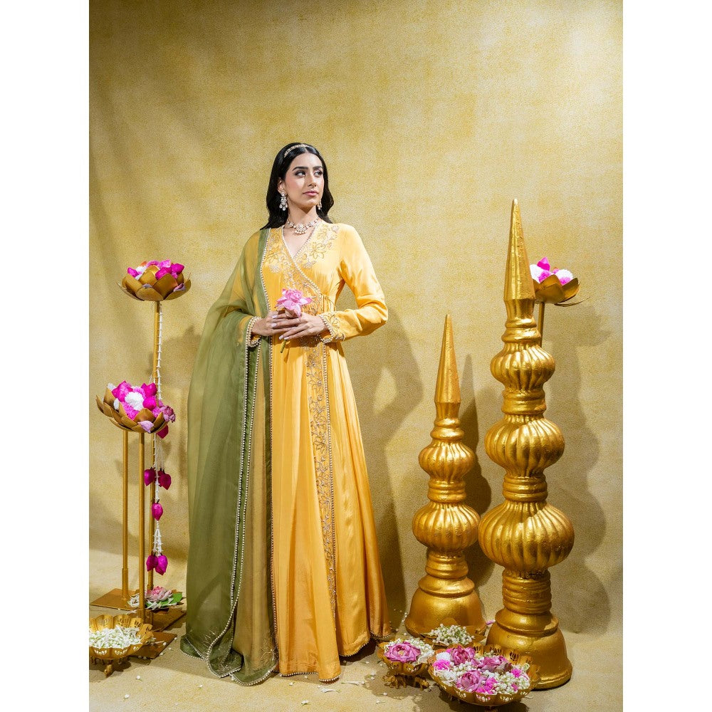 Sheela Suthar Yellow Crepe Embroidered Angarkha with Dupatta (Set of 2)
