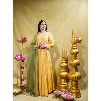Sheela Suthar Yellow Crepe Embroidered Angarkha with Dupatta (Set of 2)