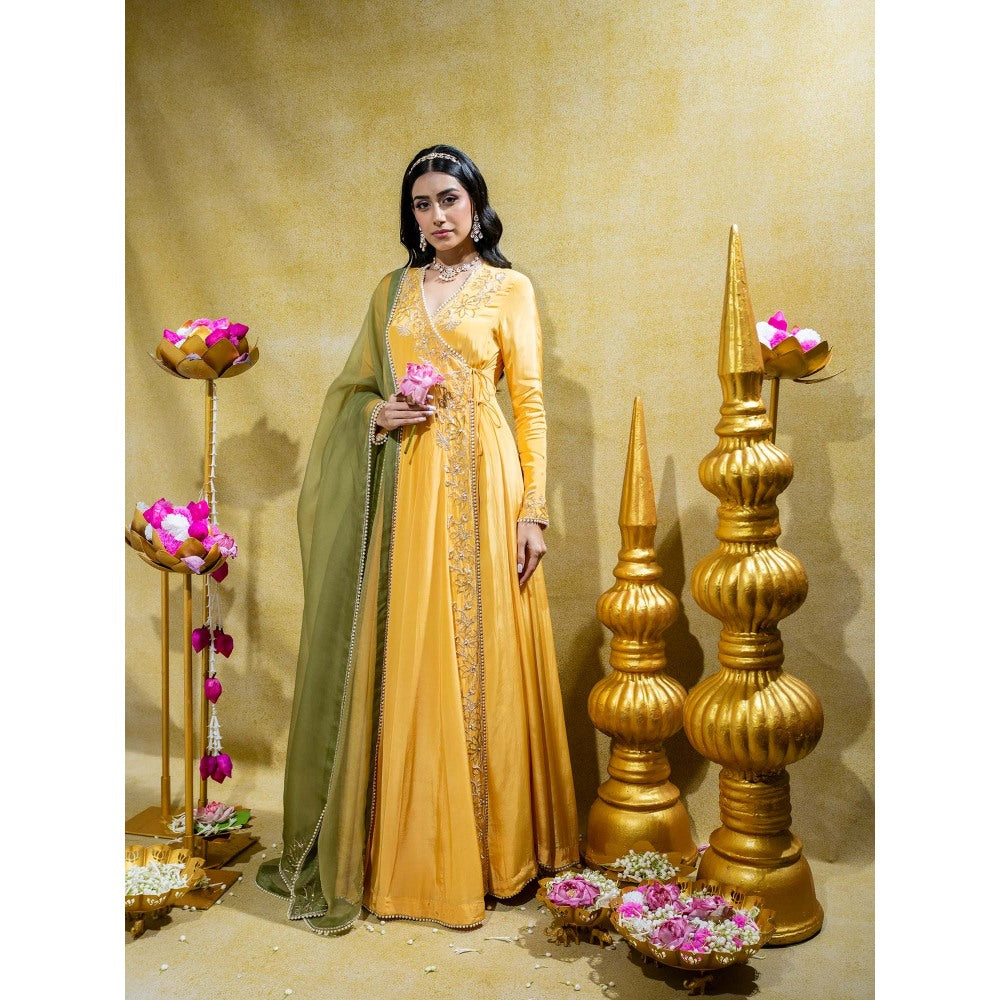 Sheela Suthar Yellow Crepe Embroidered Angarkha with Dupatta (Set of 2)