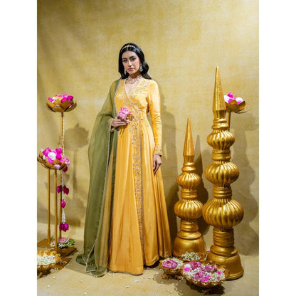 Sheela Suthar Yellow Crepe Embroidered Angarkha with Dupatta (Set of 2)
