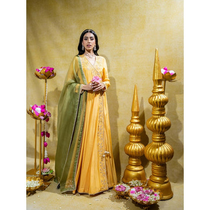 Sheela Suthar Yellow Crepe Embroidered Angarkha with Dupatta (Set of 2)