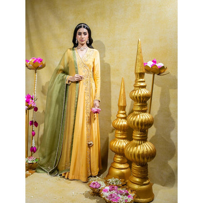 Sheela Suthar Yellow Crepe Embroidered Angarkha with Dupatta (Set of 2)