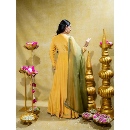 Sheela Suthar Yellow Crepe Embroidered Angarkha with Dupatta (Set of 2)