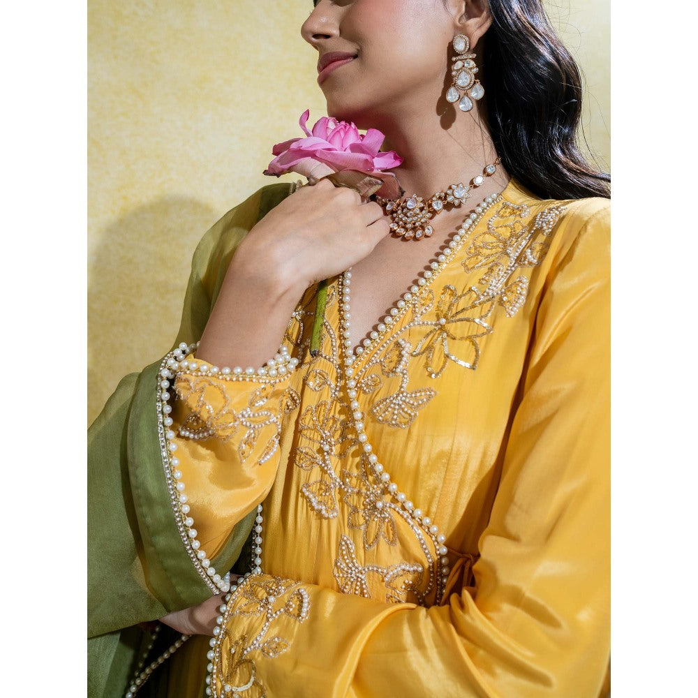 Sheela Suthar Yellow Crepe Embroidered Angarkha with Dupatta (Set of 2)