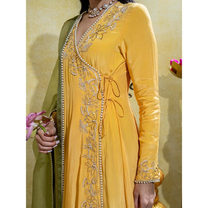 Sheela Suthar Yellow Crepe Embroidered Angarkha with Dupatta (Set of 2)
