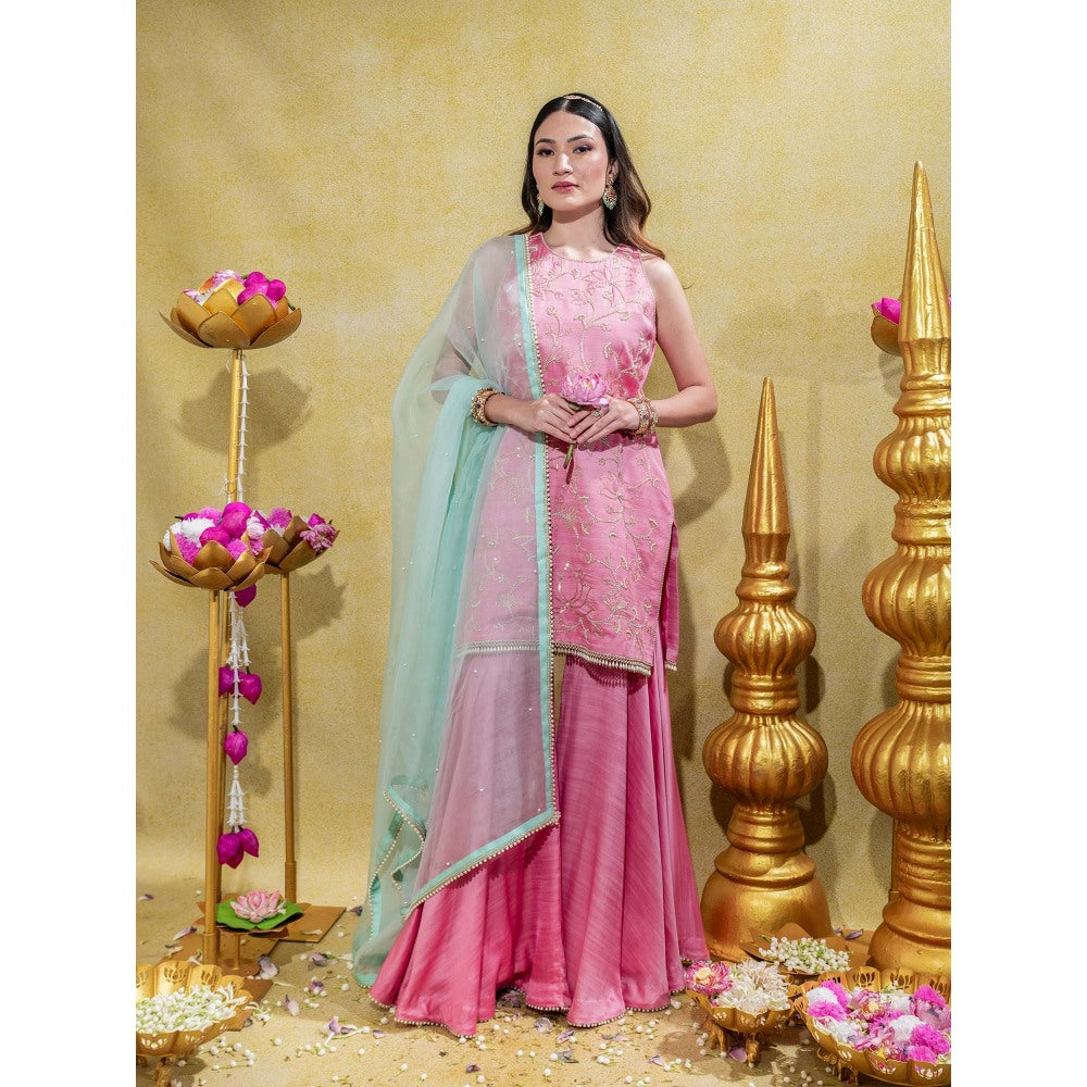 Sheela Suthar Soft Pink Embroidered Kurti with Sharara and Dupatta (Set of 3)