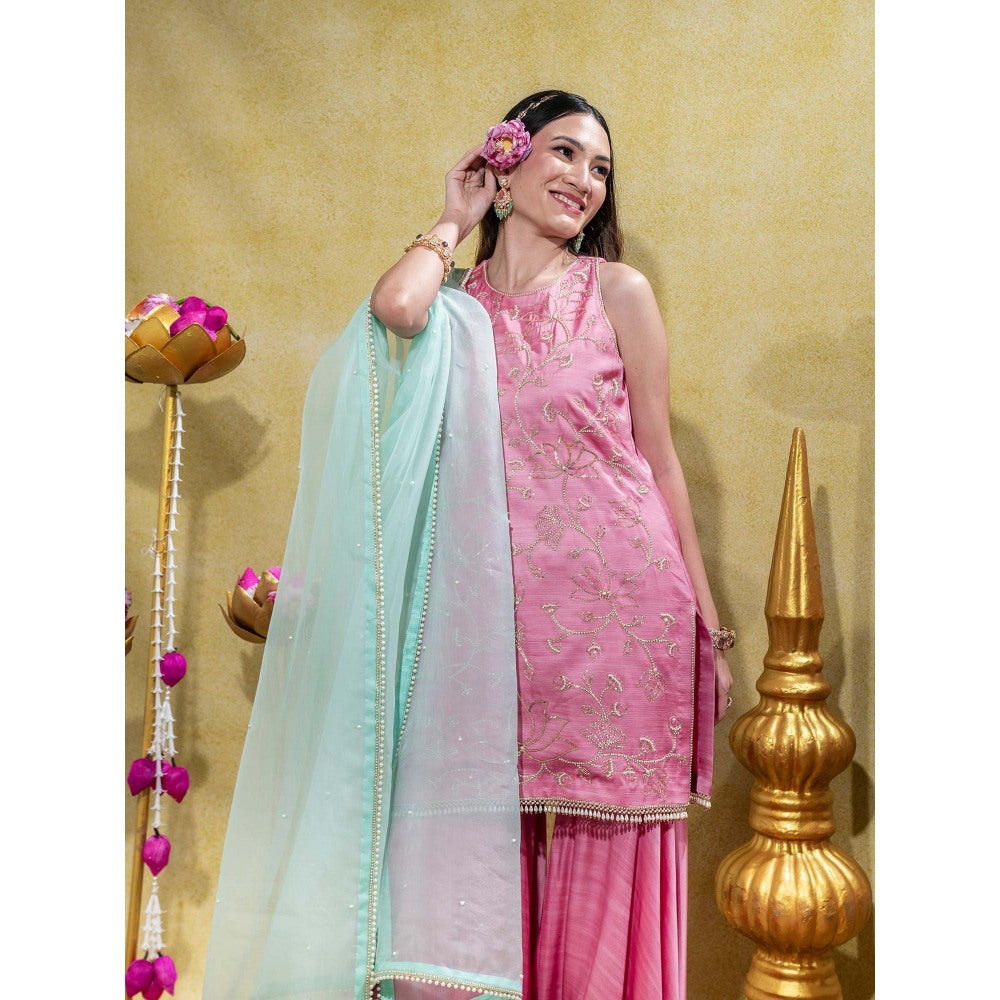 Sheela Suthar Soft Pink Embroidered Kurti with Sharara and Dupatta (Set of 3)